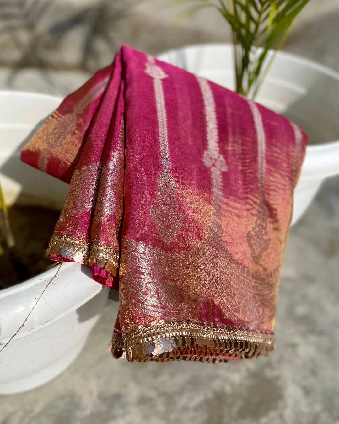 Beautiful Wedding wear Two Tone Soft Banarasi Tissue Silk Bollywood Style Crushed Sarees