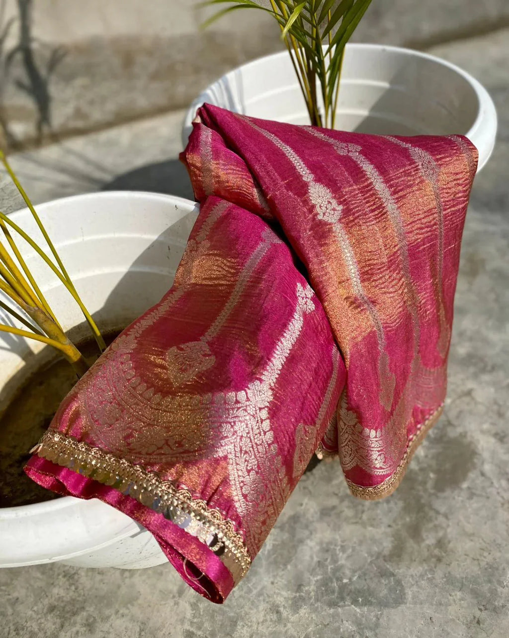Beautiful Wedding wear Two Tone Soft Banarasi Tissue Silk Bollywood Style Crushed Sarees