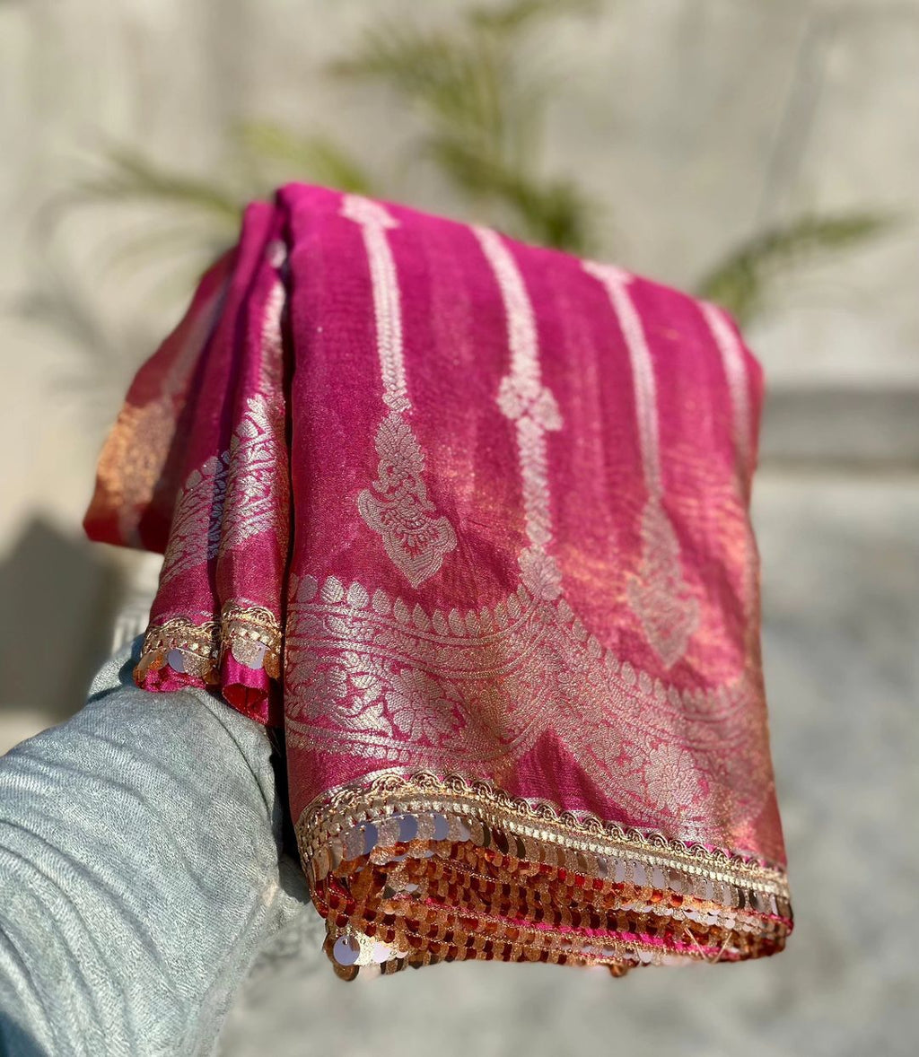 Beautiful Wedding wear Two Tone Soft Banarasi Tissue Silk Bollywood Style Crushed Sarees
