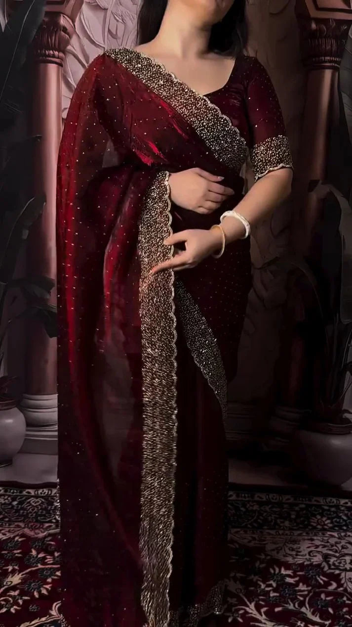 Latest Partywear Space Silk Jarkhan Heavy Diamond Work Fancy Designer Saree With Blouse