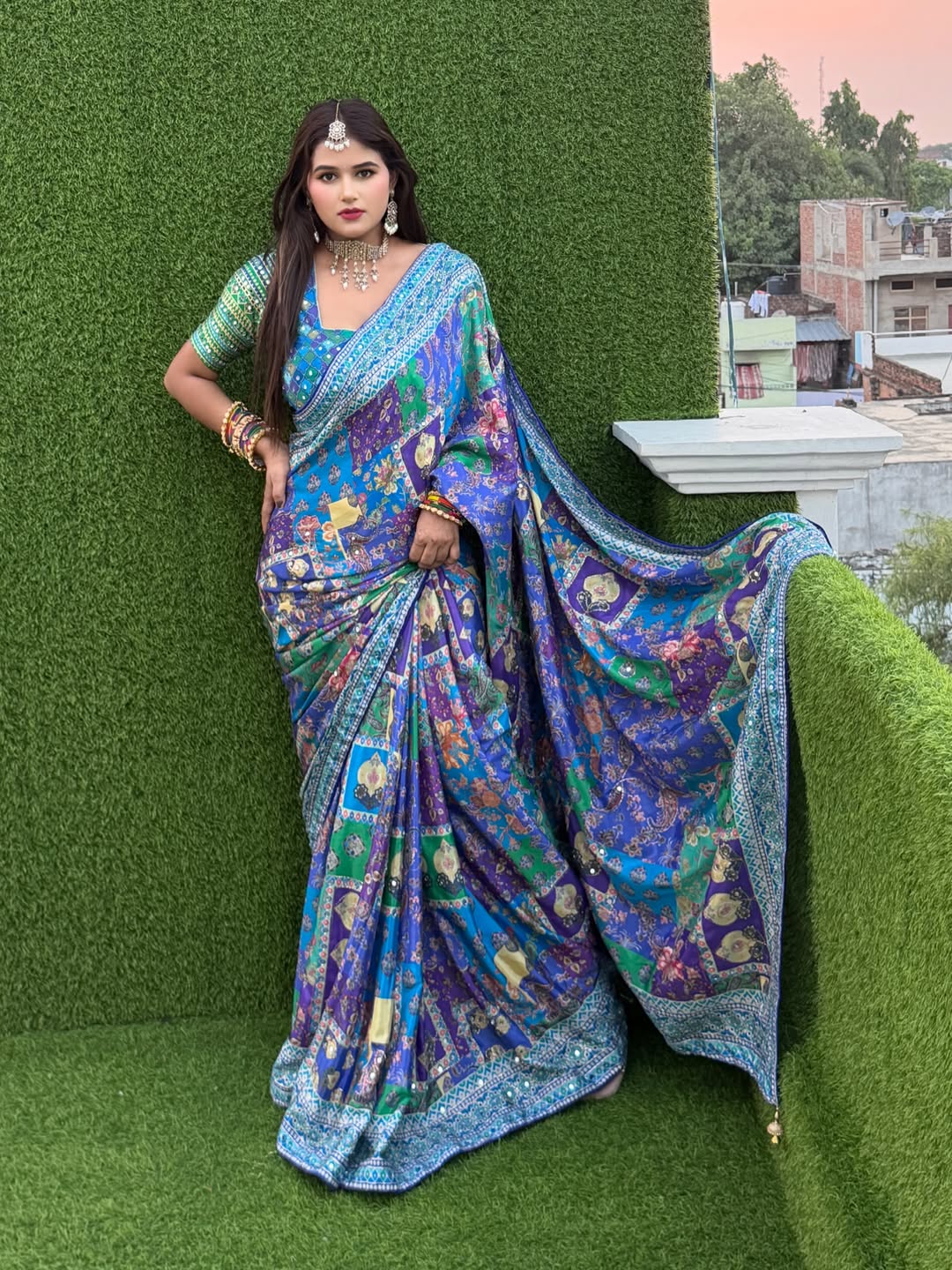 Designer Soft Chinnon Saree with Gold Zari & Real Mirror Work