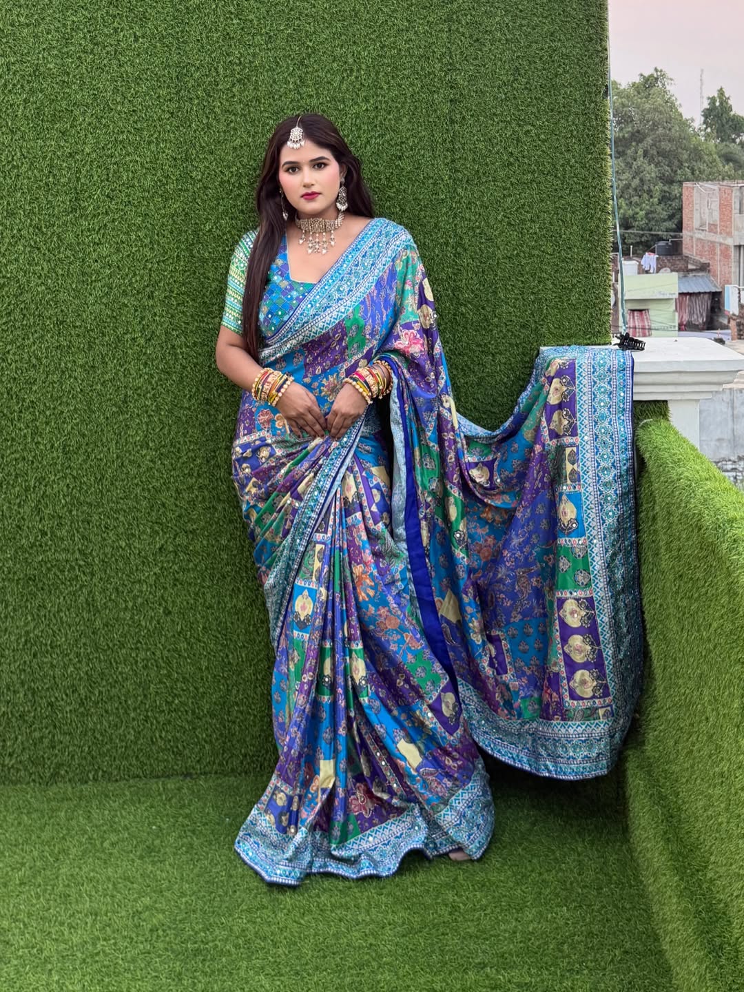 Designer Soft Chinnon Saree with Gold Zari & Real Mirror Work
