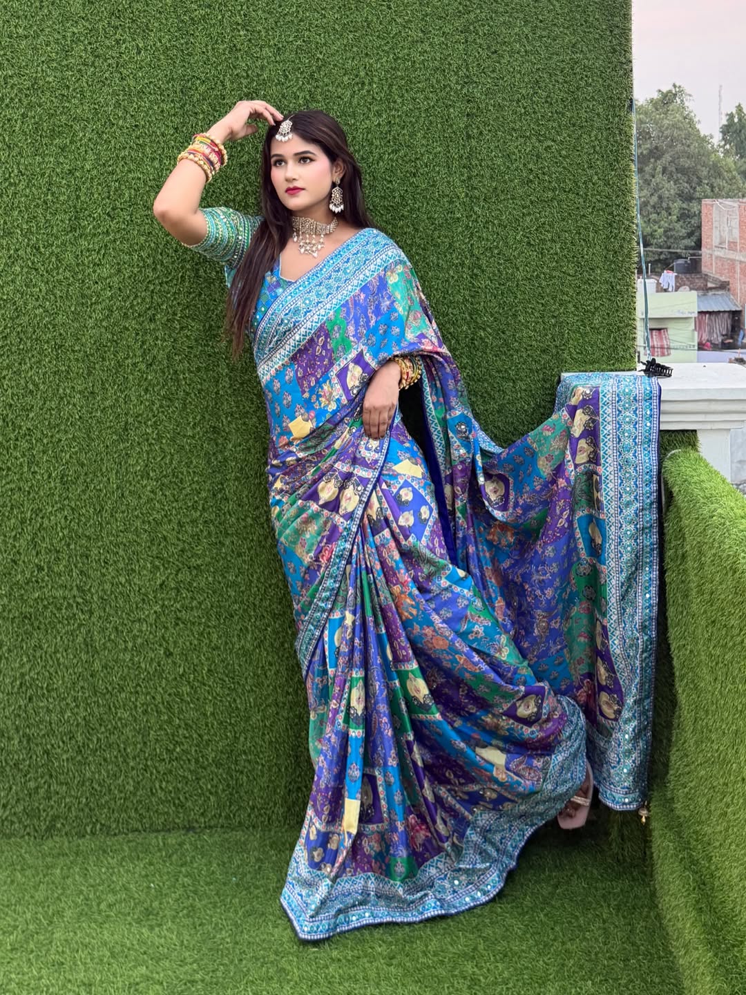Designer Soft Chinnon Saree with Gold Zari & Real Mirror Work