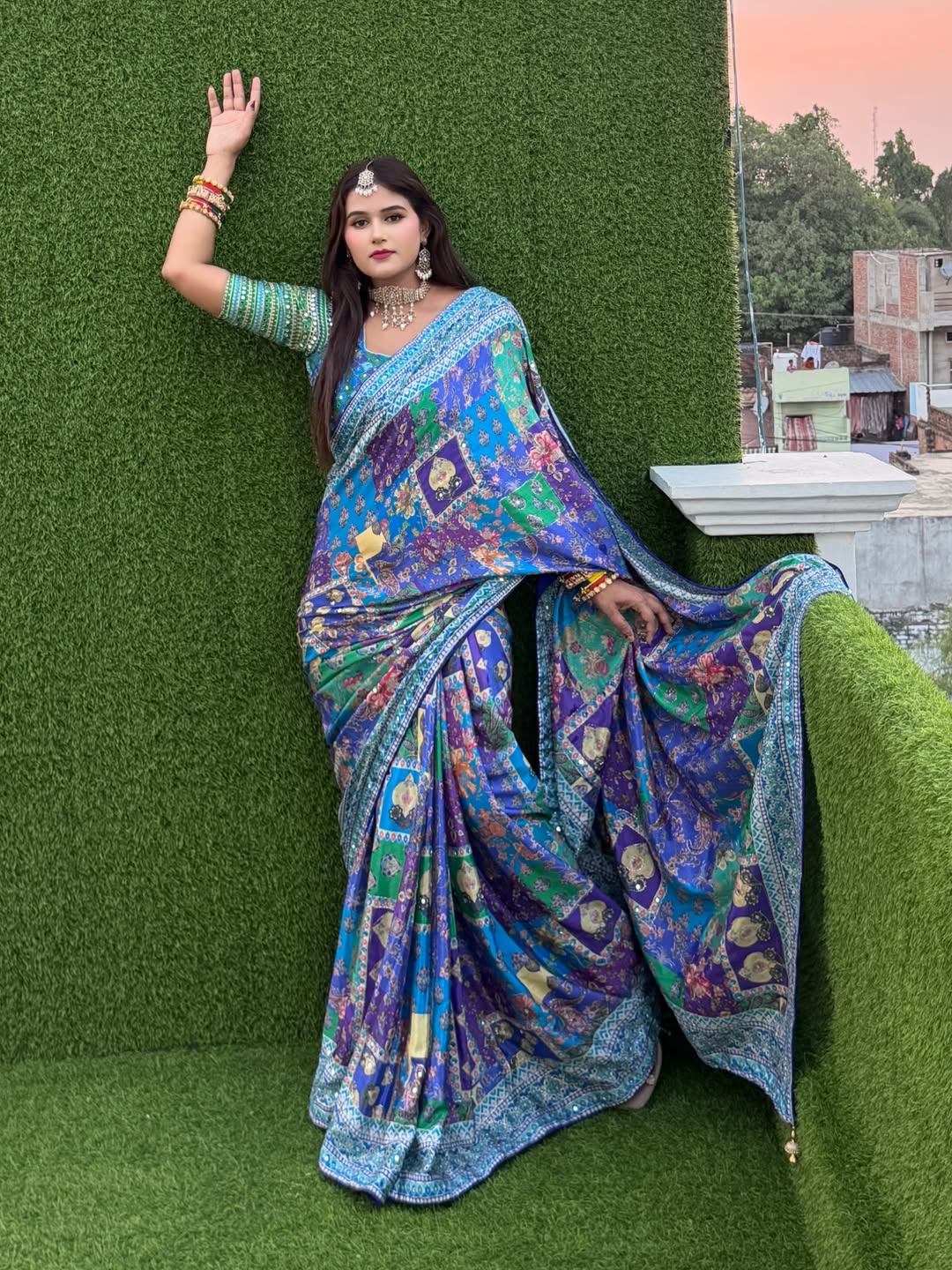 Designer Soft Chinnon Saree with Gold Zari & Real Mirror Work
