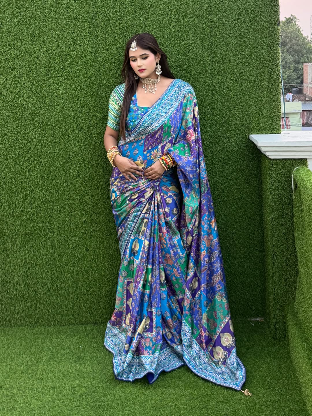 Designer Soft Chinnon Saree with Gold Zari & Real Mirror Work