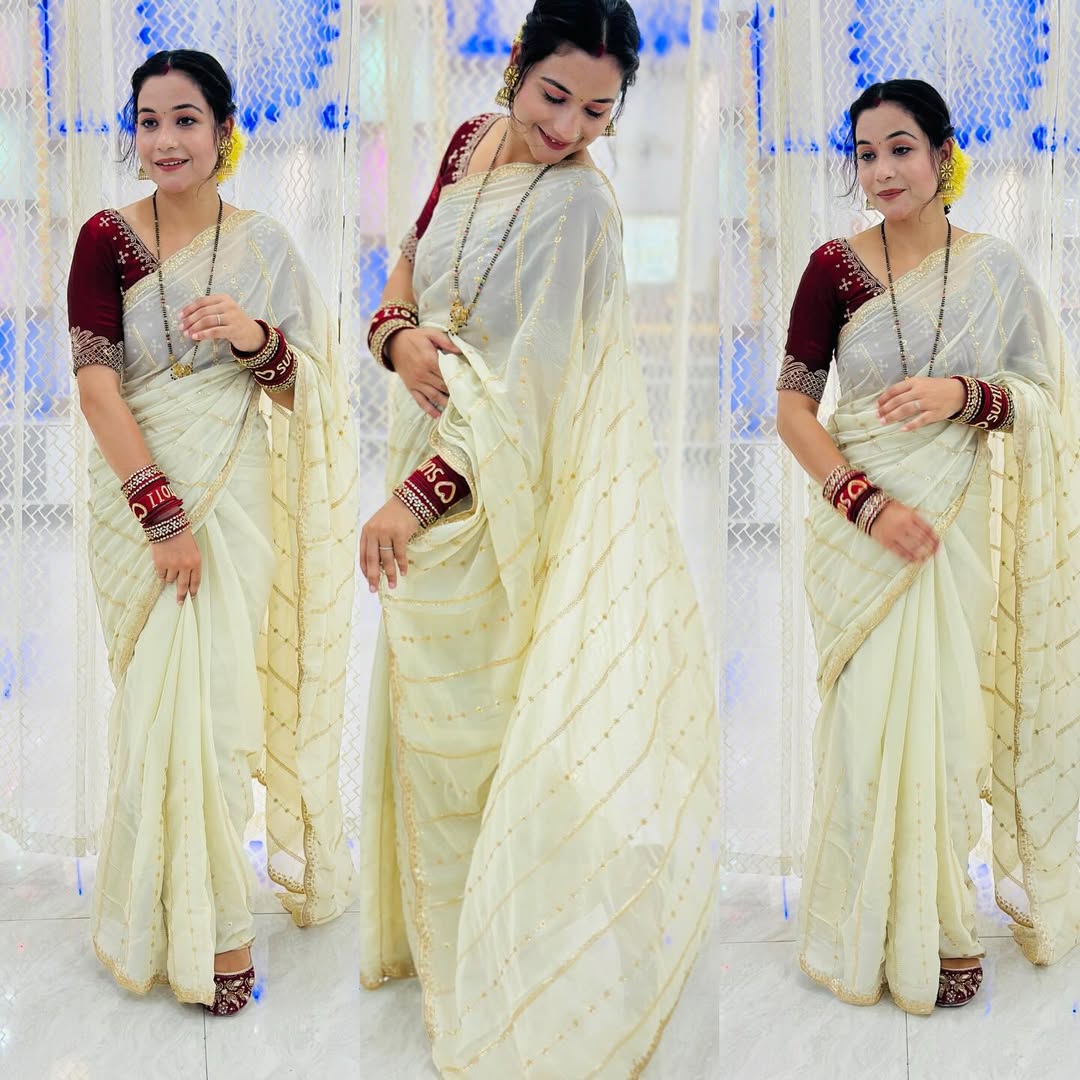 Premium Star Georgette Saree with Sequin Embroidery Work & Contrast Running Blouse ✨
