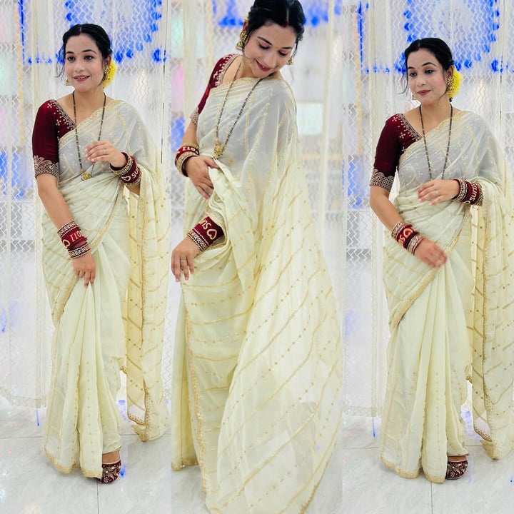Premium Star Georgette Saree with Sequin Embroidery Work & Contrast Running Blouse ✨