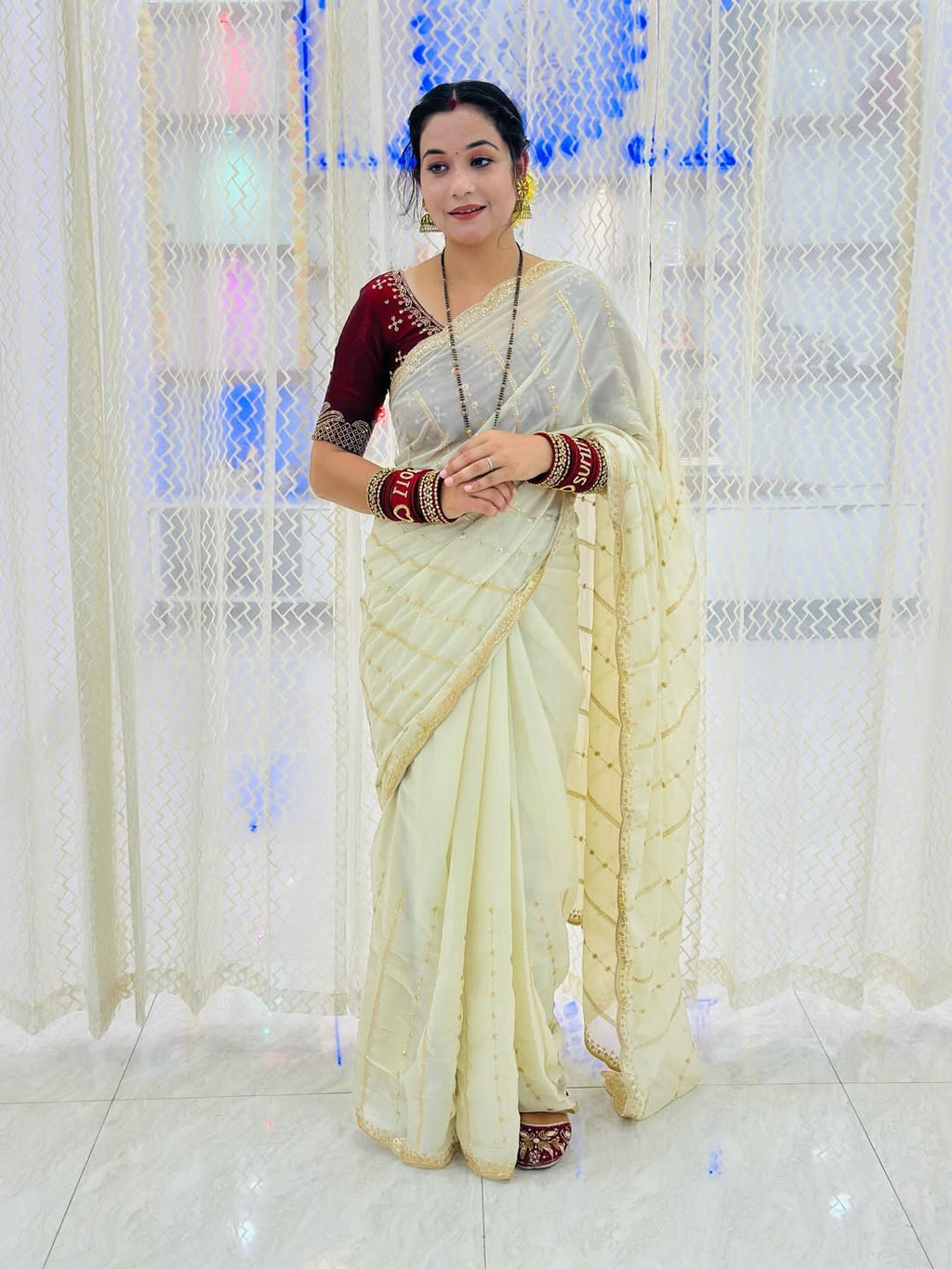Premium Star Georgette Saree with Sequin Embroidery Work & Contrast Running Blouse ✨