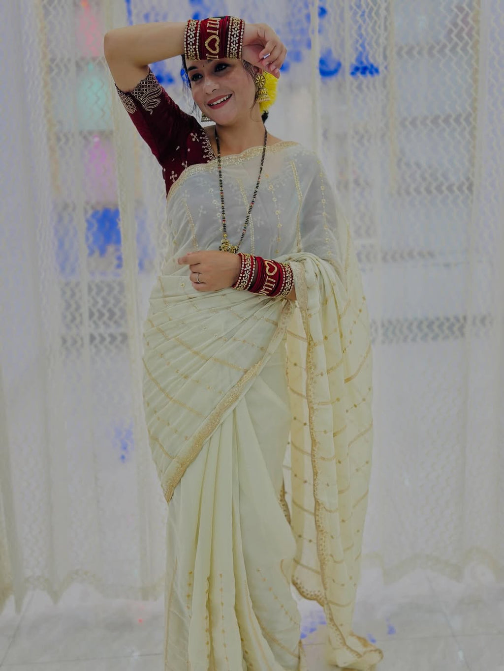 Premium Star Georgette Saree with Sequin Embroidery Work & Contrast Running Blouse ✨