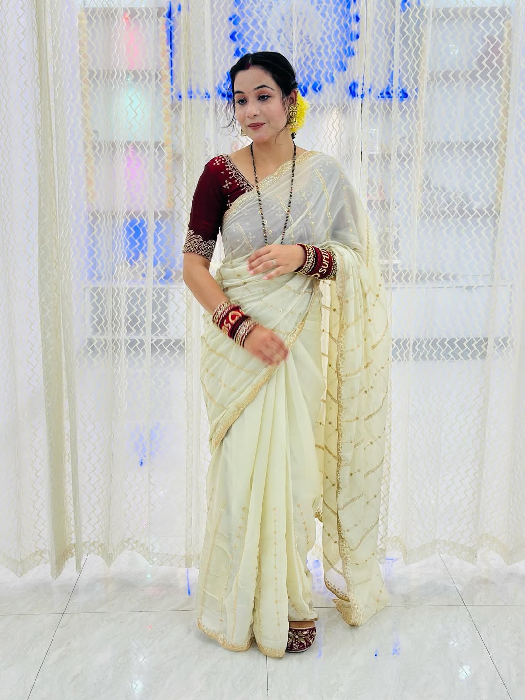 Premium Star Georgette Saree with Sequin Embroidery Work & Contrast Running Blouse ✨