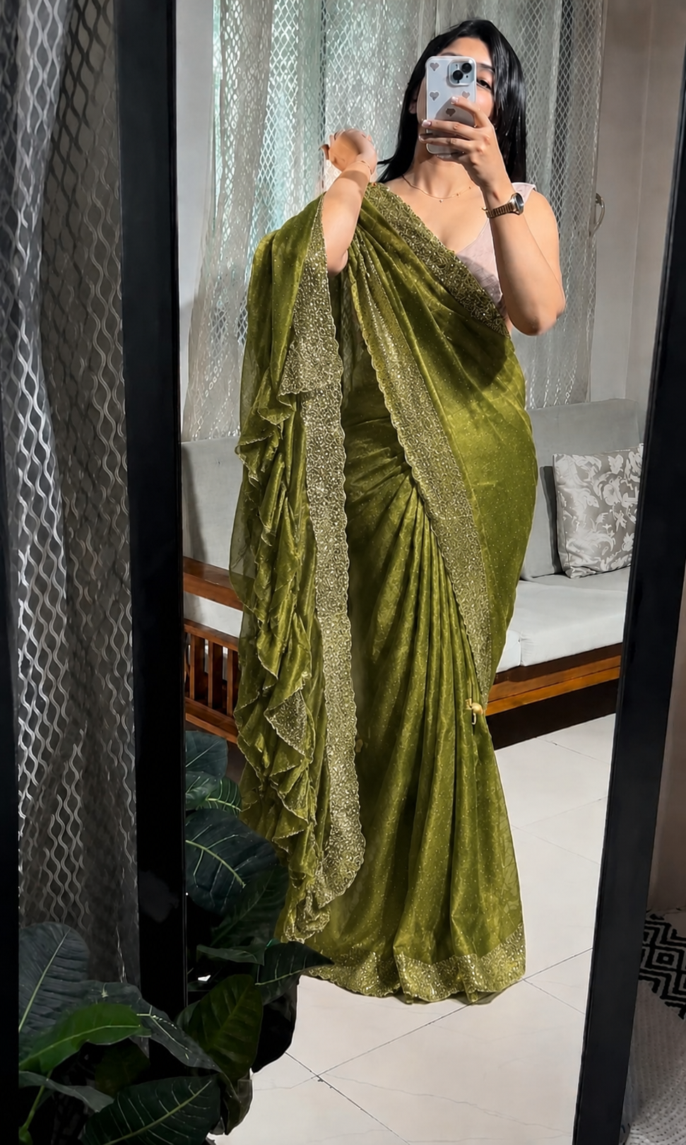 Latest Partywear Space Silk Mahendi Jarkhan Heavy Diamond Work Fancy Designer Saree With Blouse