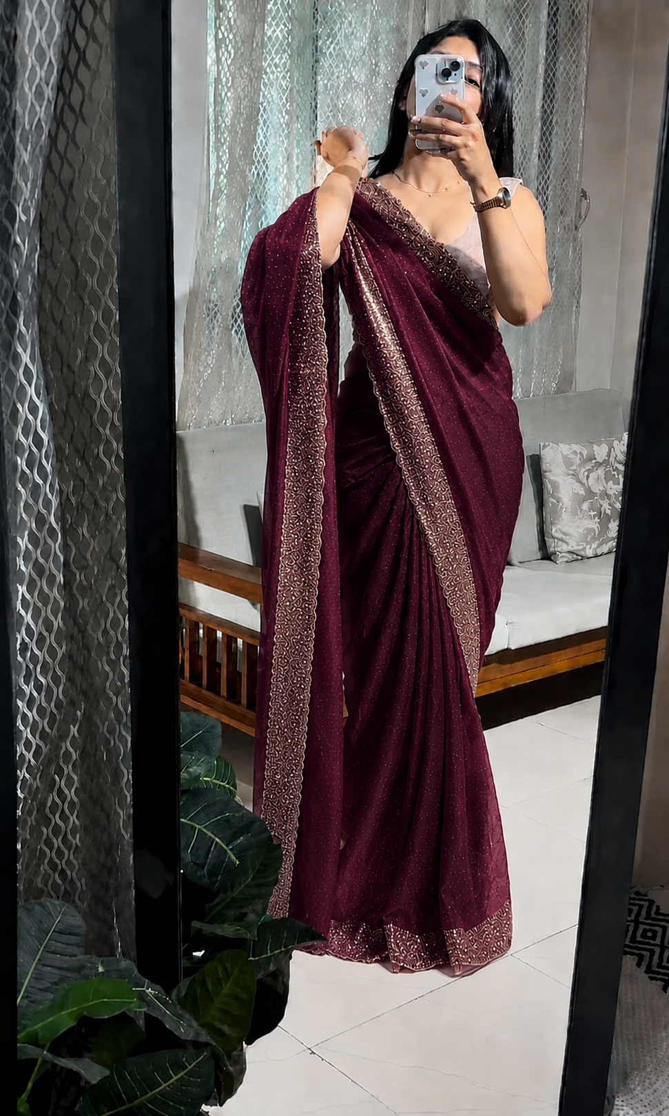 Latest Partywear Space Silk Wine Jarkhan Heavy Diamond Work Fancy Designer Saree With Blouse
