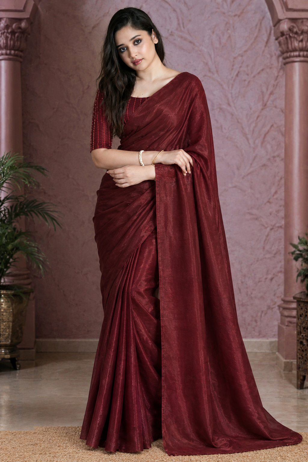 Premium Two-Tone Fendy Satin Designer Saree With Beads Work Blouse