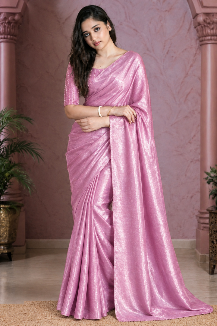 Premium Two-Tone Fendy Satin Designer Saree With Beads Work Blouse