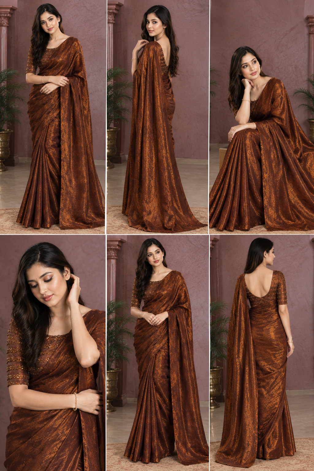 Premium Two-Tone Fendy Satin Designer Saree With Beads Work Blouse