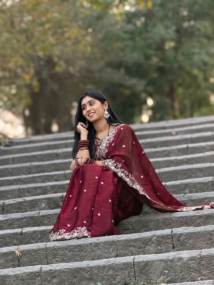 Fendy Marron Color Satin Saree with 3mm Sequin Embroidery