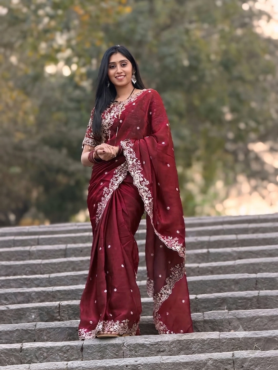 Fendy Marron Color Satin Saree with 3mm Sequin Embroidery
