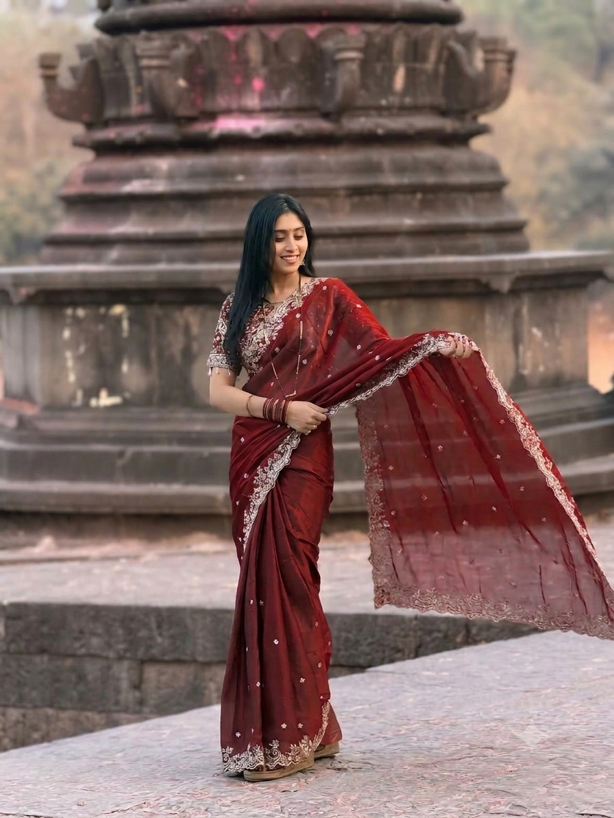 Fendy Marron Color Satin Saree with 3mm Sequin Embroidery