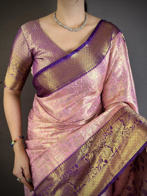Charismatic Wedding Wear Kanjivaram Silk Rich Pallu Jacquard Border Designer Saree With Contrast Blouse Piece