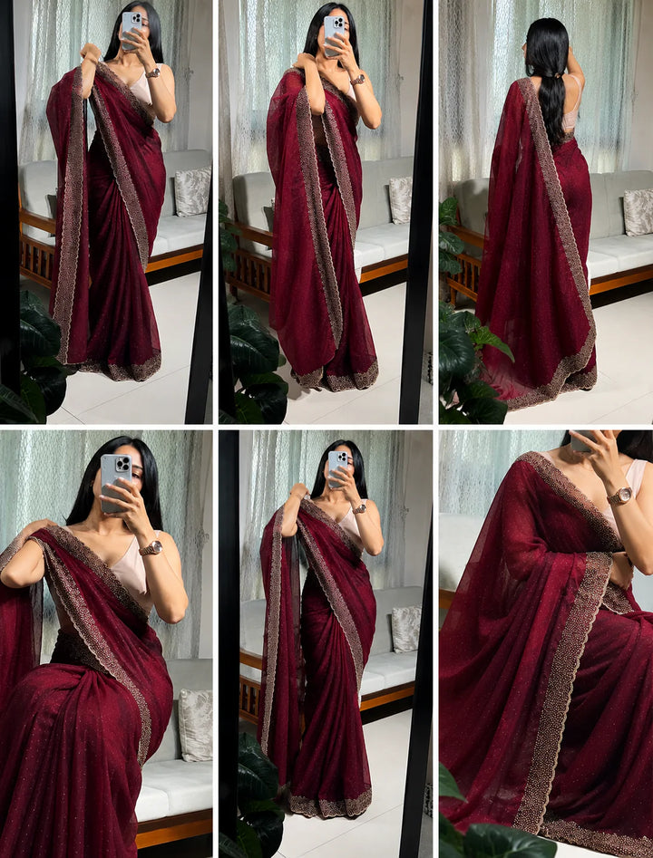 Premium Space Silk Maroon Jarkhan Heavy Diamond Work