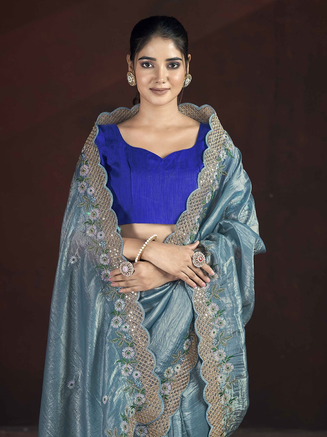 Premium Gold Crunchy Silk Saree With Floral Embroidery & Sequin Work
