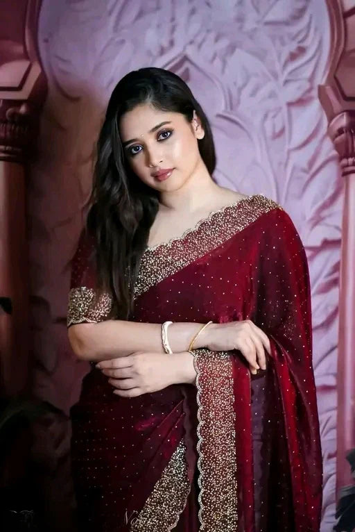 Luxury Space Silk Maroon Jarkhan Heavy Diamond Work