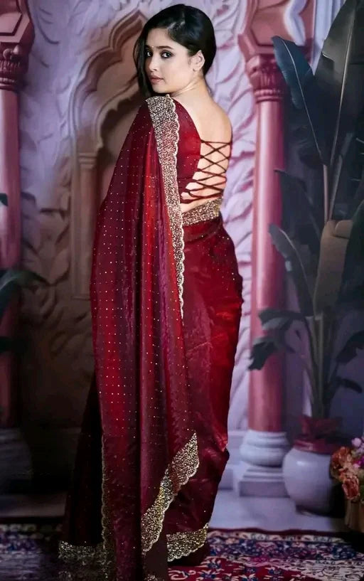 Luxury Space Silk Maroon Jarkhan Heavy Diamond Work