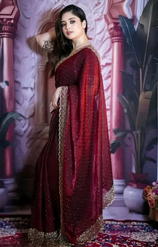 Luxury Space Silk Maroon Jarkhan Heavy Diamond Work