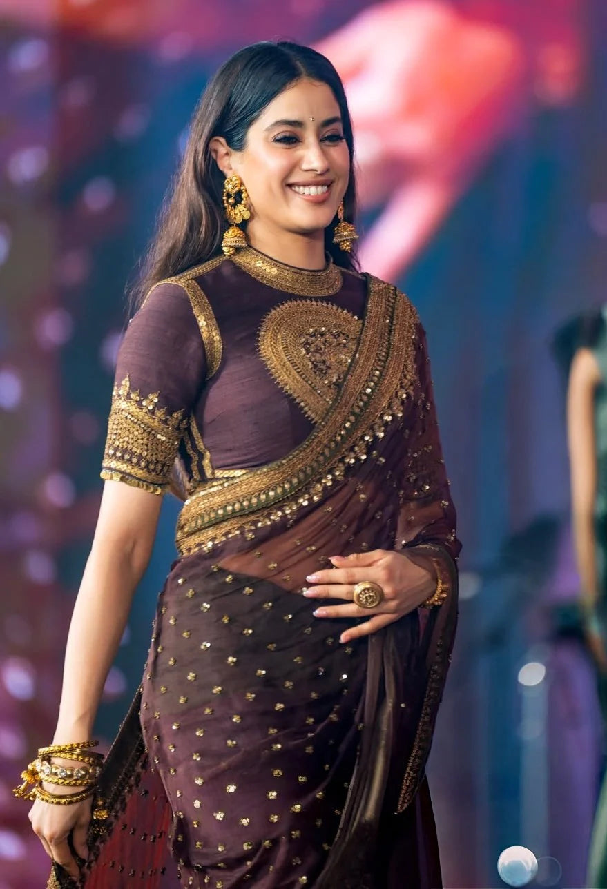 Bollywood Inspired Brown Twill Net Saree With Blouse