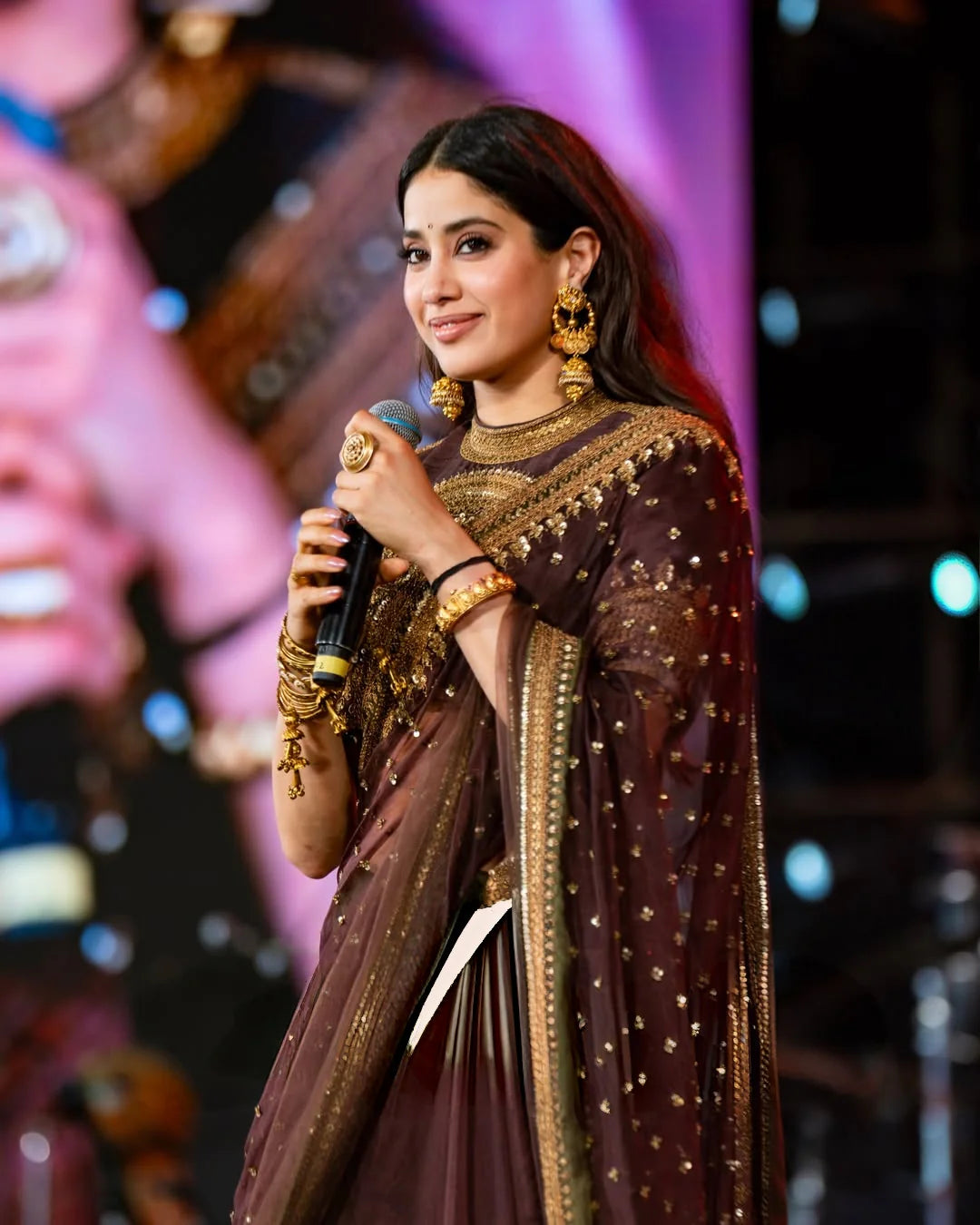 Bollywood Inspired Brown Twill Net Saree With Blouse