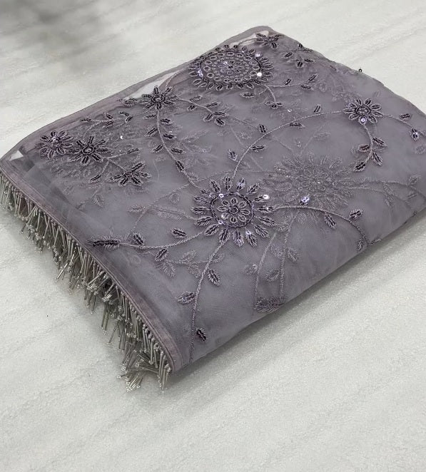 Partywear Purple Color Mono Net Sequence Work Fancy Designer Saree