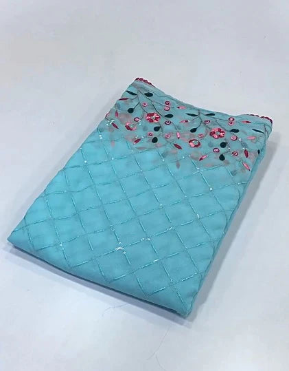 Sky Blue Color Chiffon Embroidery n Sequence Work Fancy Designer Saree