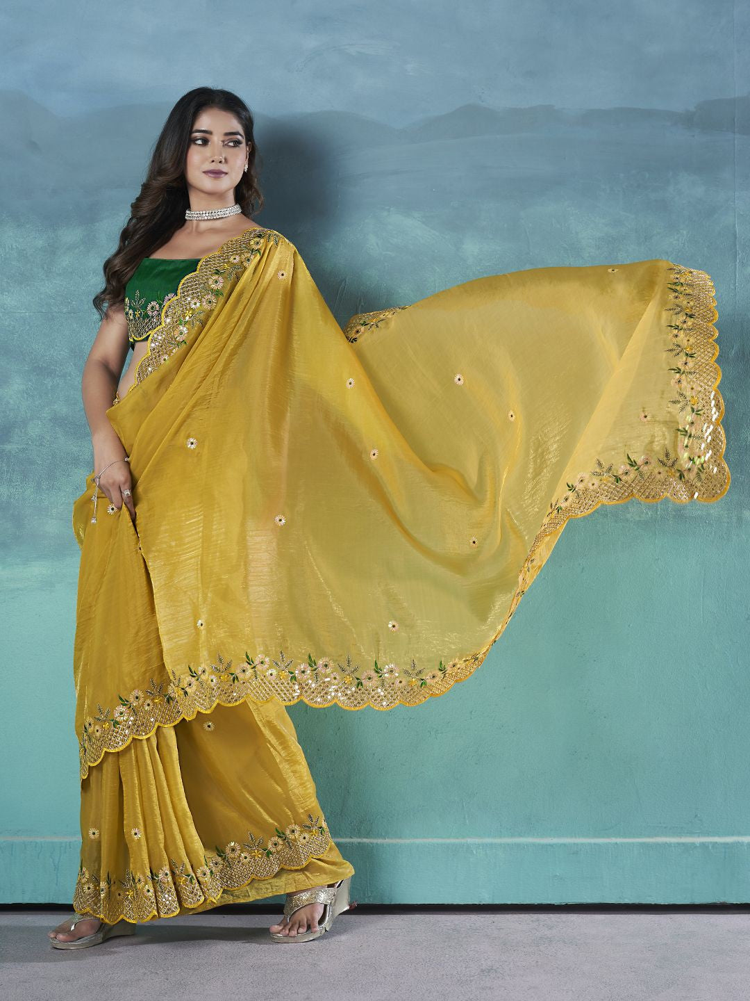Premium Gold Crunchy Silk Saree With Floral Embroidery & Sequin Work