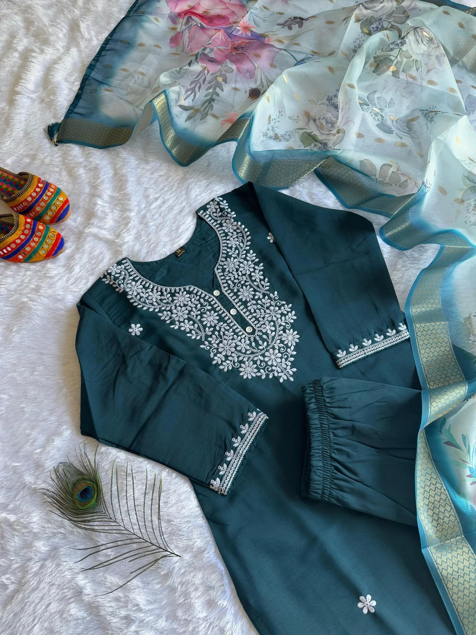 New Wedding Wear Teal Blue Color Roman Silk Embroidery n Sequence Work Designer Straight Kurta With Trouser n Dupatta Set
