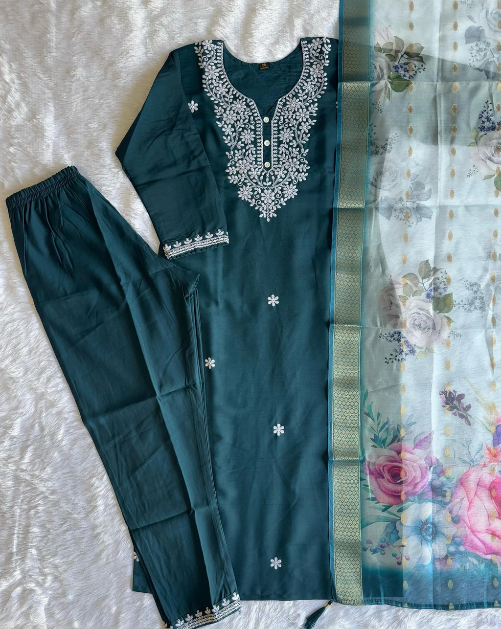 New Wedding Wear Teal Blue Color Roman Silk Embroidery n Sequence Work Designer Straight Kurta With Trouser n Dupatta Set