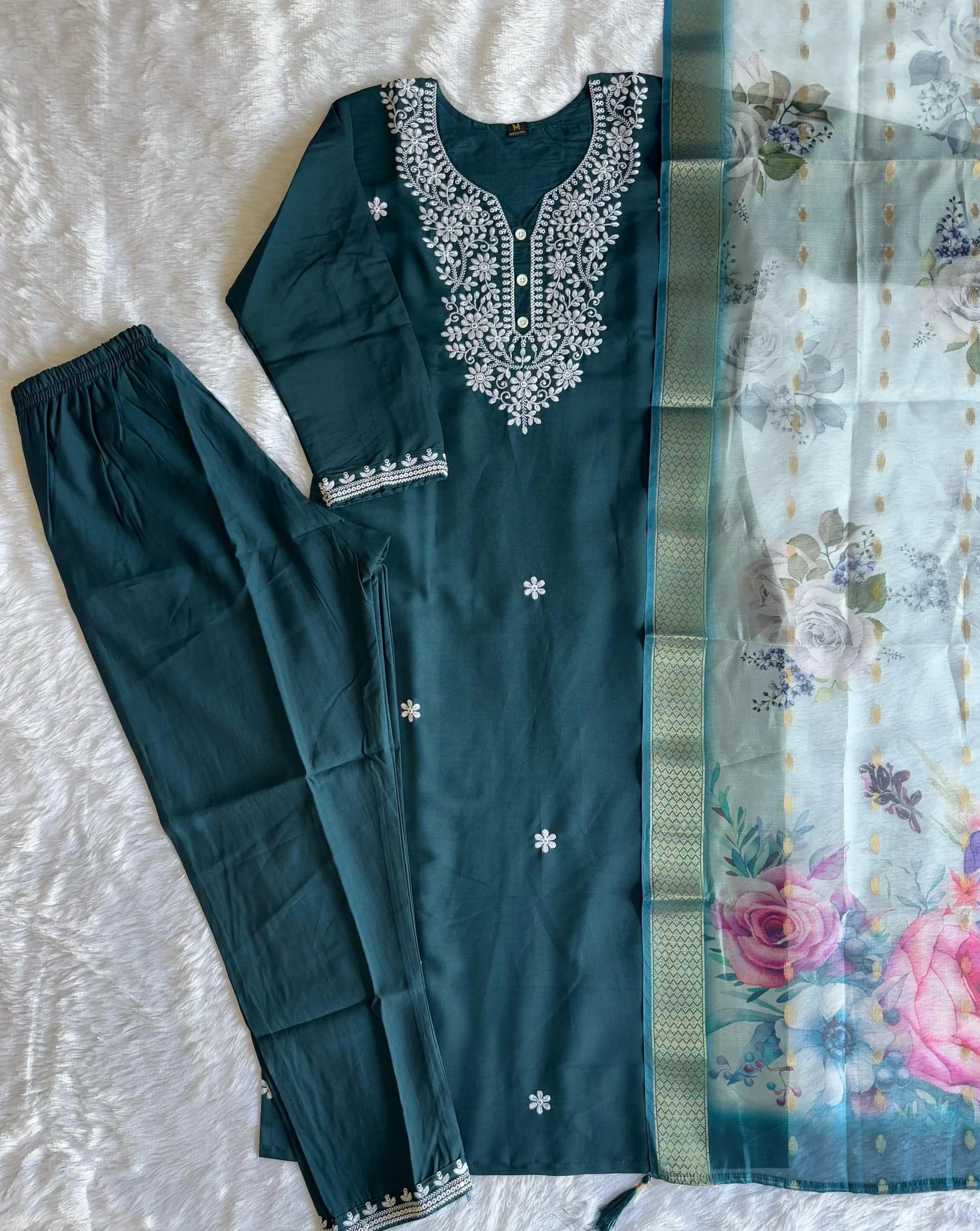 New Wedding Wear Teal Blue Color Roman Silk Embroidery n Sequence Work Designer Straight Kurta With Trouser n Dupatta Set