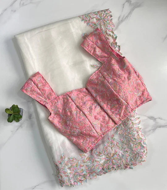 Beautiful Soft Tebby Silk Cream Color Embroidery Work