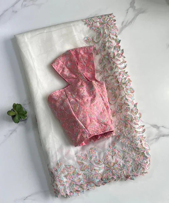 Beautiful Soft Tebby Silk Cream Color Embroidery Work