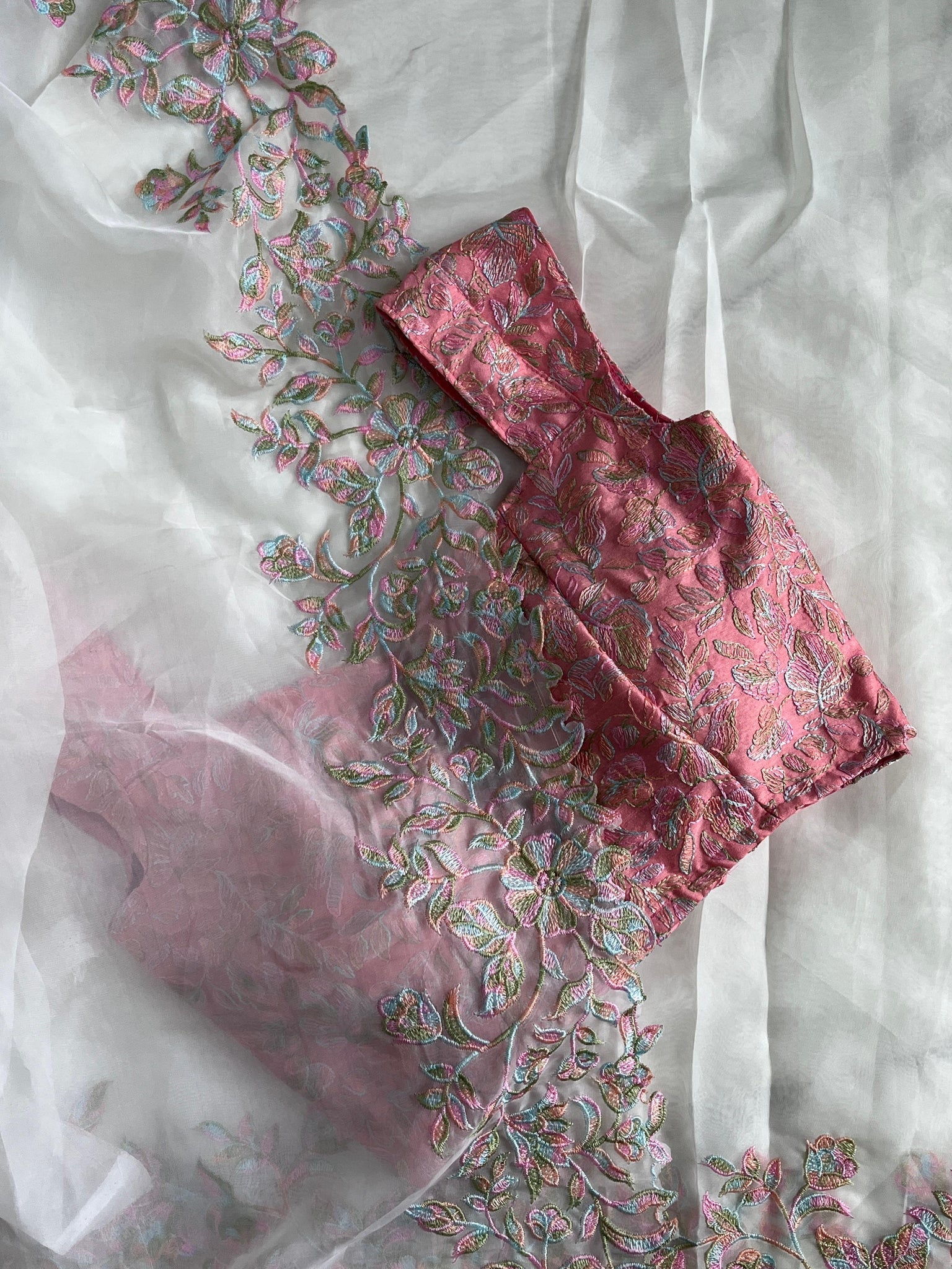 Beautiful Soft Tebby Silk Cream Color Embroidery Work