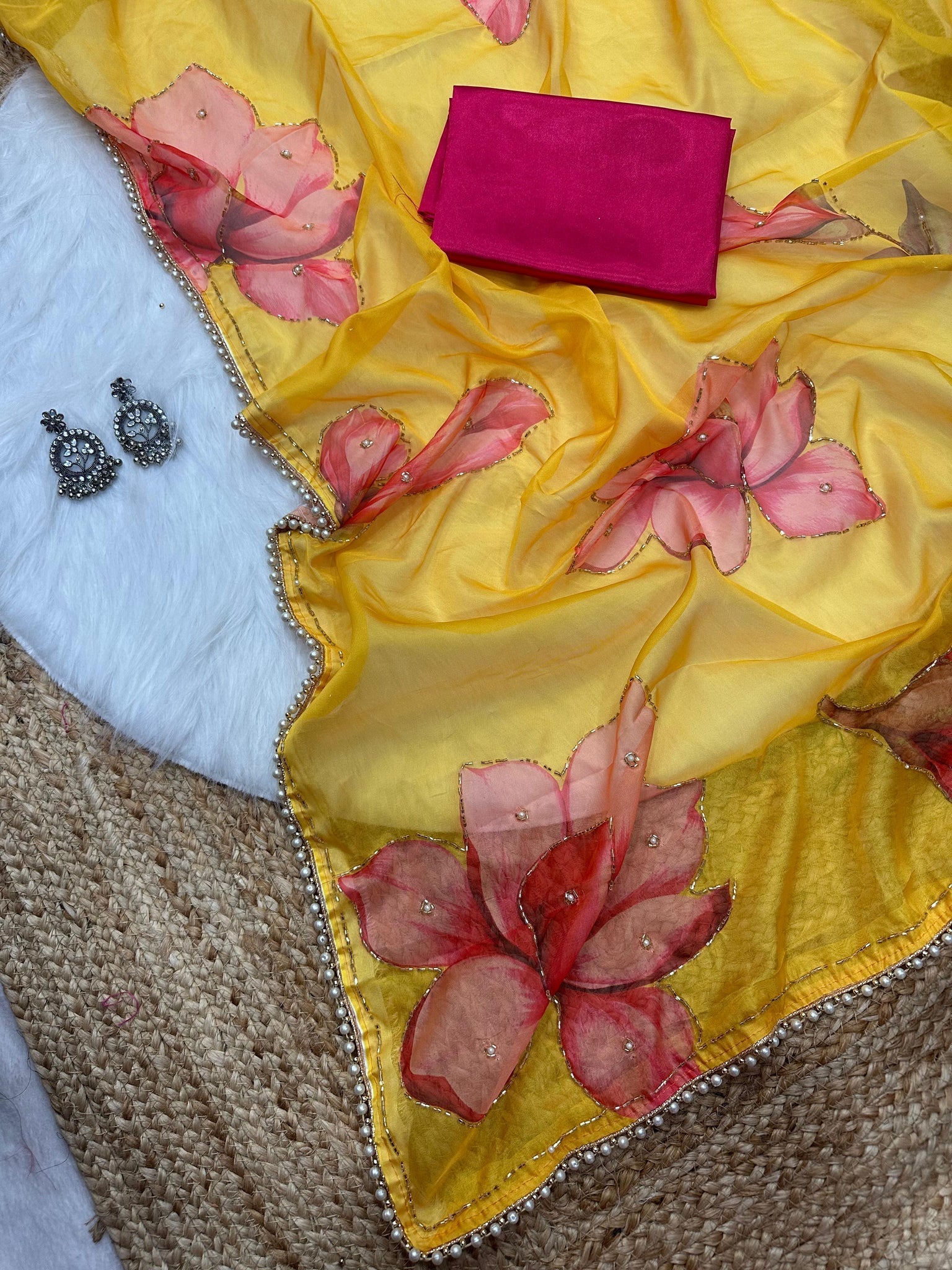 Soft Tebby Silk Designer Saree with Print, Handwork & Moti Lace Border with Matching Blouse