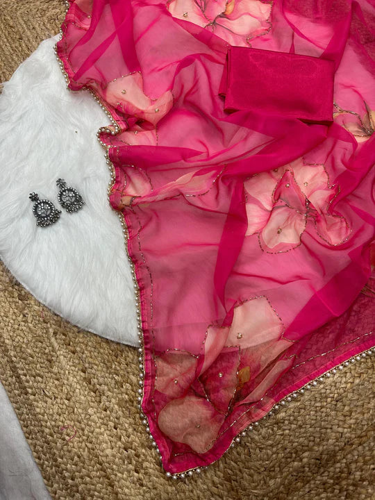 Soft Tebby Silk Designer Saree with Print, Handwork & Moti Lace Border with Matching Blouse