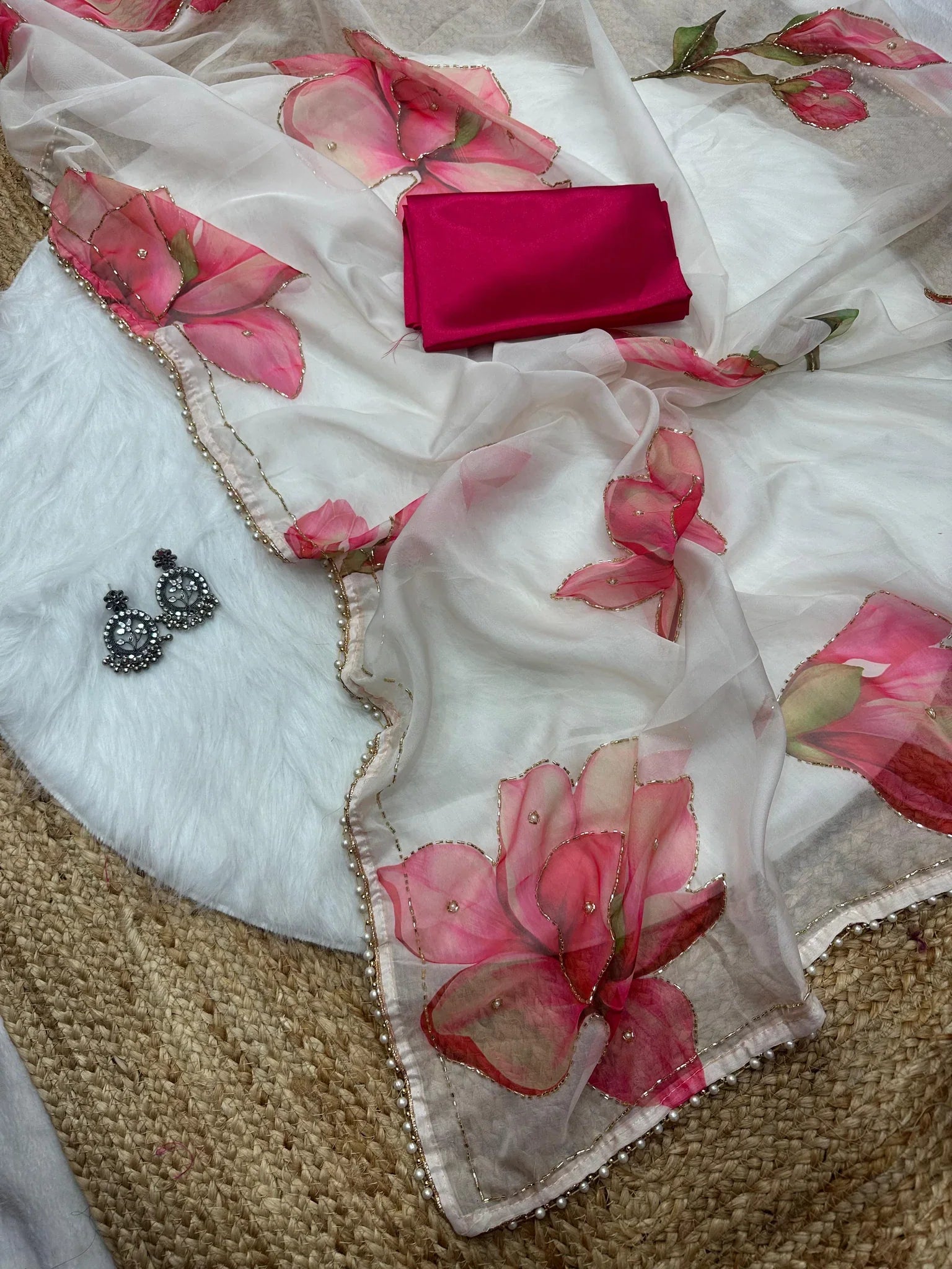Soft Tebby Silk Designer Saree with Print, Handwork & Moti Lace Border with Matching Blouse