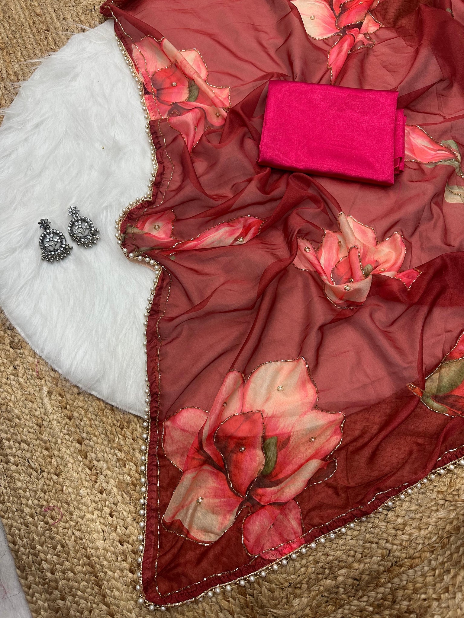 Soft Tebby Silk Designer Saree with Print, Handwork & Moti Lace Border with Matching Blouse