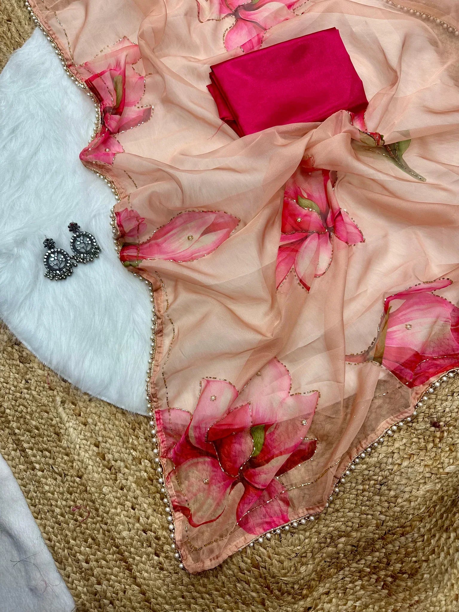 Soft Tebby Silk Designer Saree with Print, Handwork & Moti Lace Border with Matching Blouse