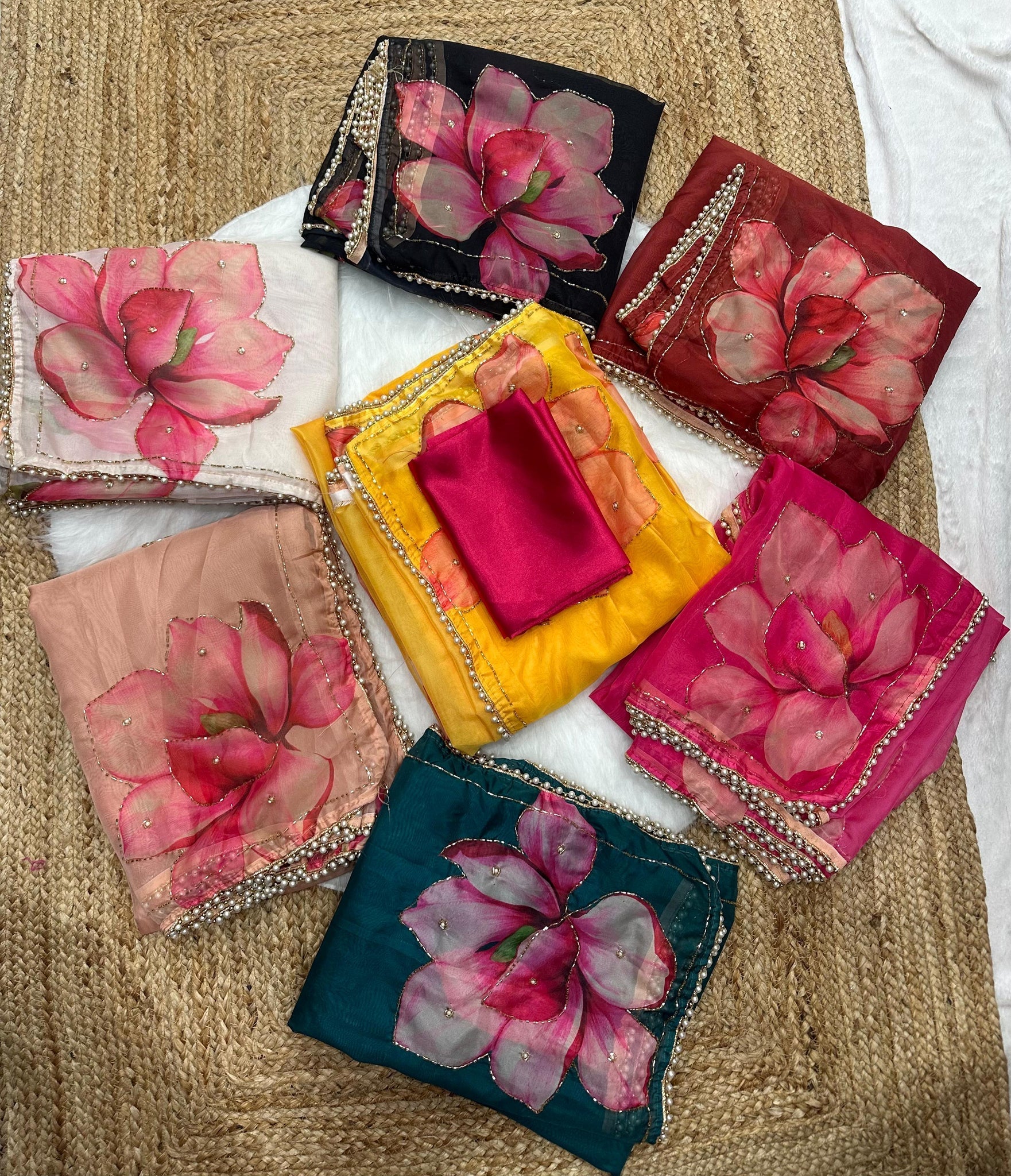 Soft Tebby Silk Designer Saree with Print, Handwork & Moti Lace Border with Matching Blouse
