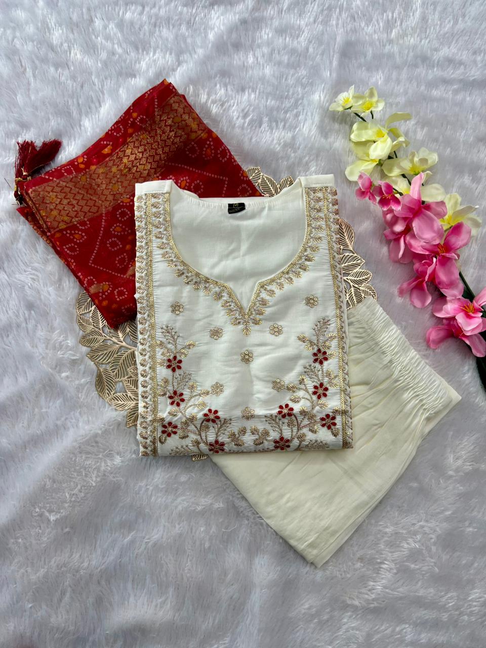 Luxurious Party Wear Roman Silk Embroidery n Sequence Work Designer Straight Kurta With Trouser n Dupatta Set
