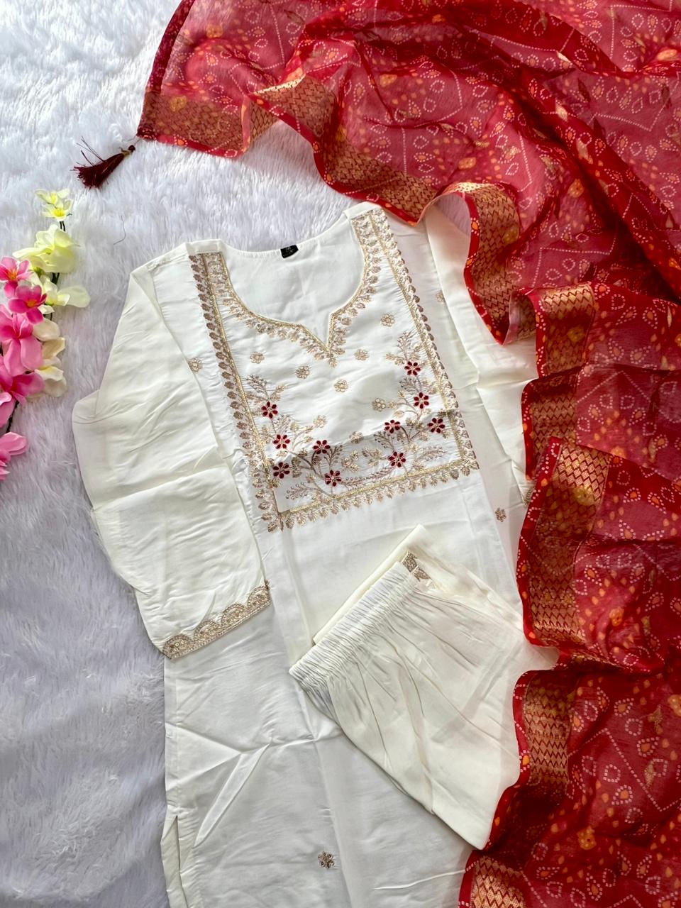Luxurious Party Wear Roman Silk Embroidery n Sequence Work Designer Straight Kurta With Trouser n Dupatta Set