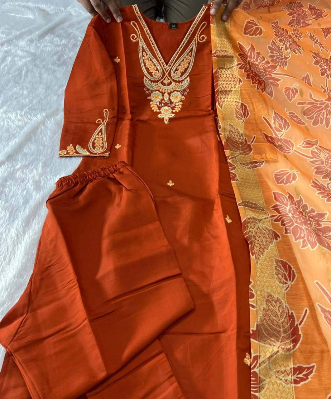 Charming Festive Wear Roman Silk Embroidery n Sequence Work Designer Straight Kurta With Trouser n Dupatta Set