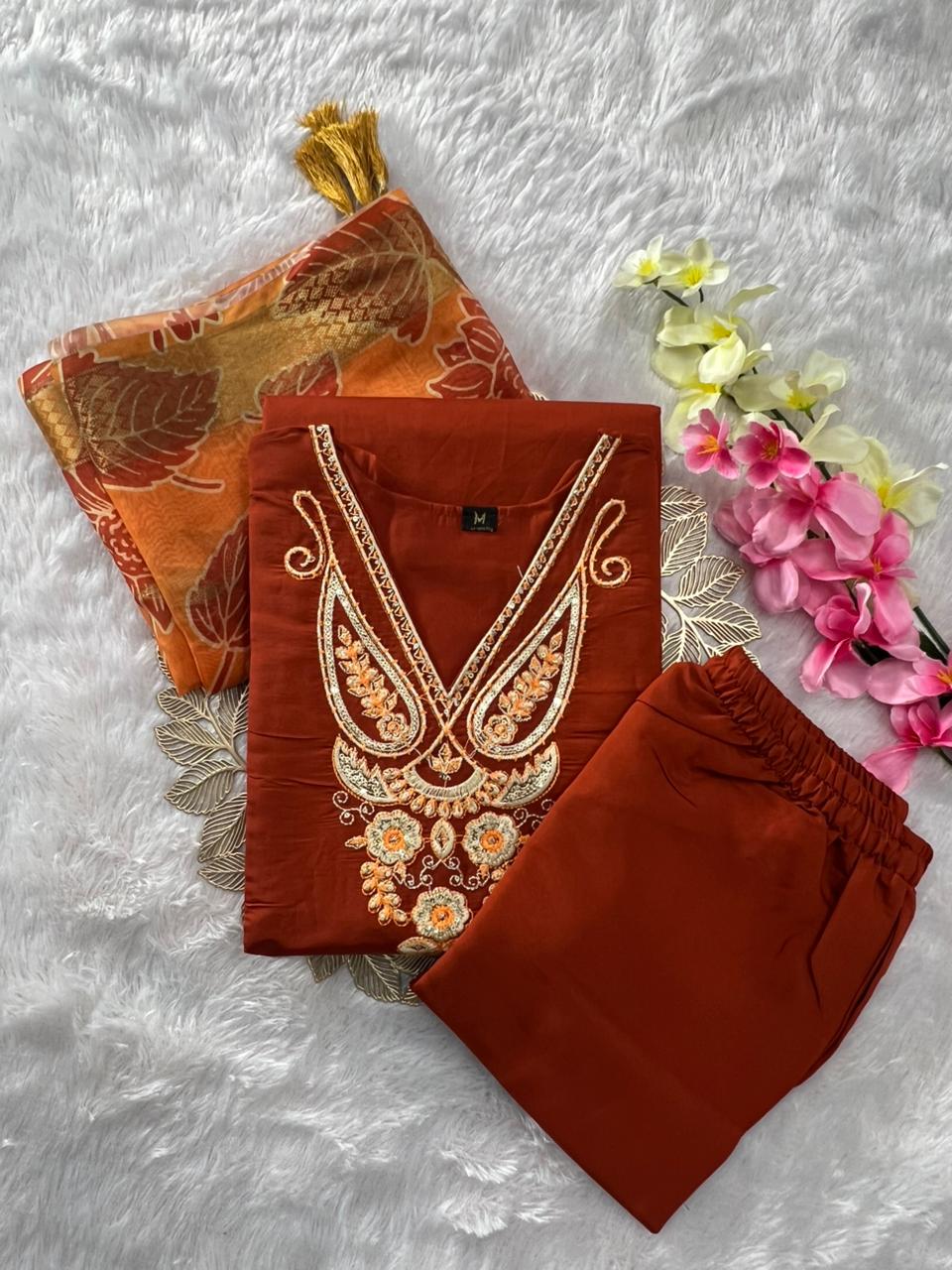 Charming Festive Wear Roman Silk Embroidery n Sequence Work Designer Straight Kurta With Trouser n Dupatta Set