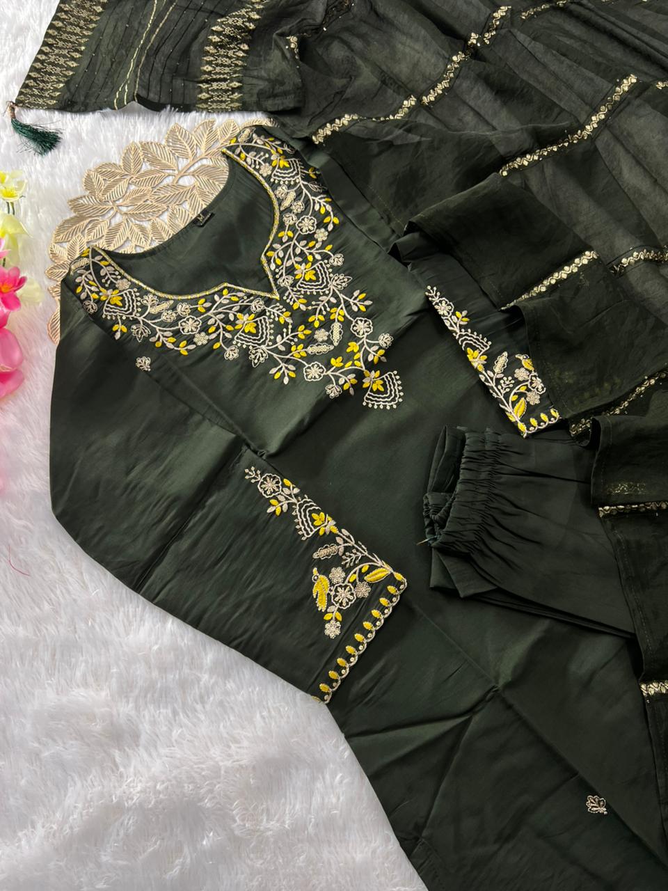 Ravishing Wedding Wear Mahendi Green Colour Roman Silk Embroidery n Sequence Work Designer Straight Kurta With Trouser n Dupatta Set